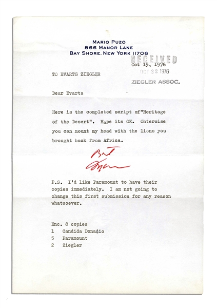 Letter Signed by ''Godfather'' Novelist Mario Puzo -- ''...I'd like Paramount to have their copies immediately. I am not going to change this first submission for any reason whatsoever...''