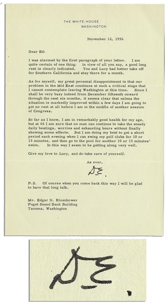Dwight D. Eisenhower 1956 Typed Letter Signed as President -- ''...I am sure no man can continue to take the steady daily beatings...without finally showing some effects...''
