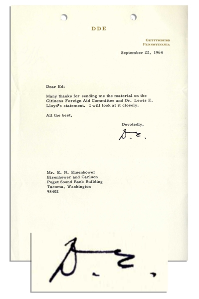 Dwight Eisenhower Letter Signed Regarding the Citizen's Foreign Aid Committee
