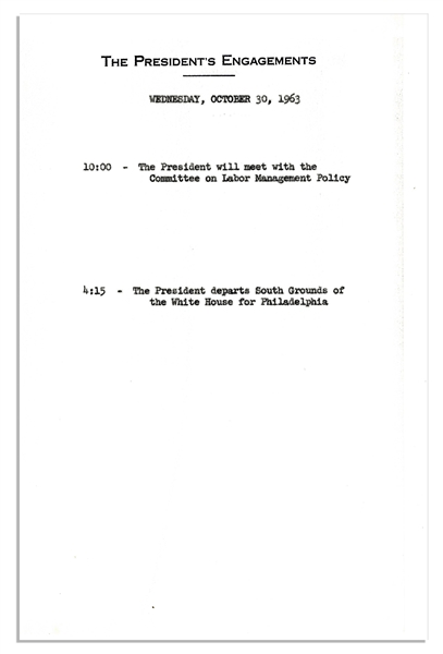 John F. Kennedy Typed White House Schedule -- 30 October 1963, Single Page on ''The President's Engagements'' Letterhead -- 5.75'' x 9.25'' -- From the JFK White House