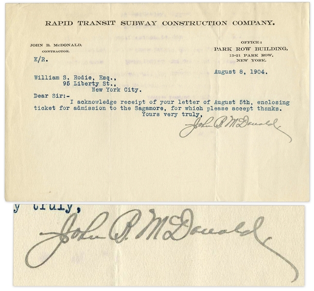 Autograph Letter Signed by John B. McDonald, Visionary Creator of the New York Subway System