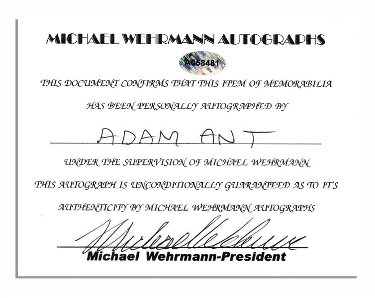 Adam Ant Signed Photo -- 8'' x 10'' -- Bold Signature, Near Fine Condition -- With Michael Wehrmann COA