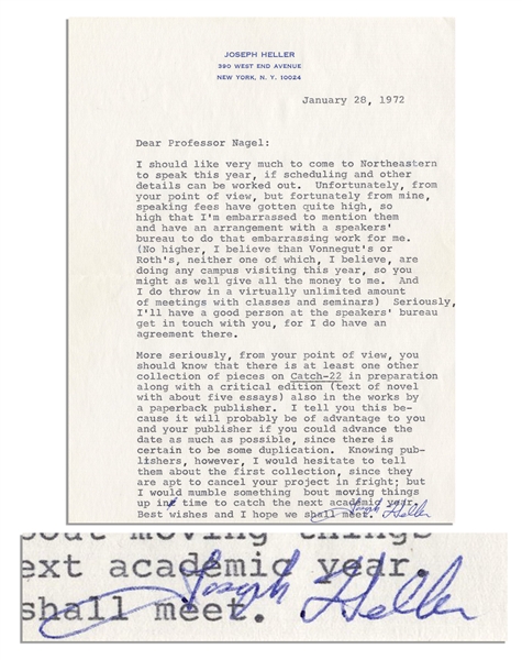Joseph Heller Letter Signed -- ''...speaking fees have gotten quite high...No higher, I believe than Vonnegut's or Roth's...''
