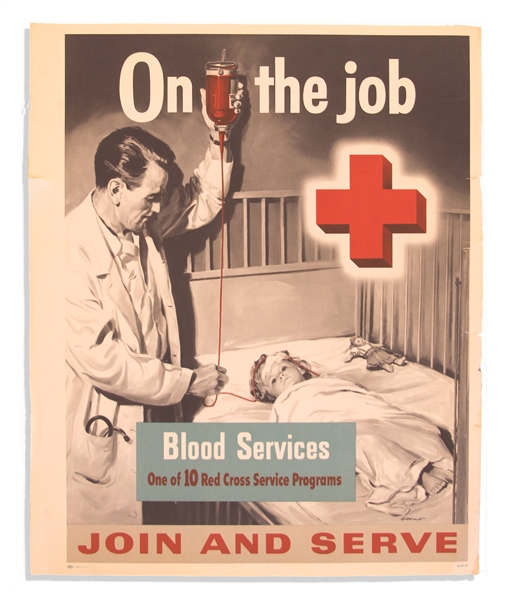 Vintage Red Cross ''On the Job'' Series Poster -- Blood Services