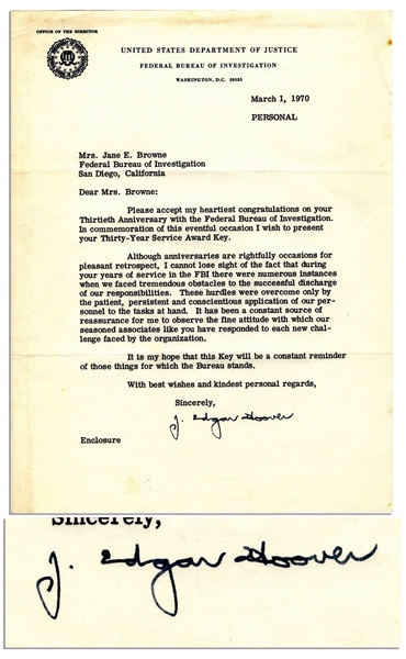 J. Edgar Hoover Letter Signed -- ''...during your years of service in the FBI there were numerous instances when we faced tremendous obstacles...''