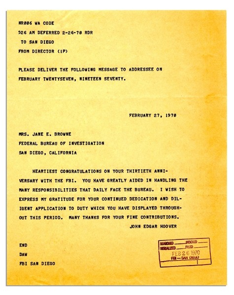 J. Edgar Hoover Letter Signed -- ''...during your years of service in the FBI there were numerous instances when we faced tremendous obstacles...''