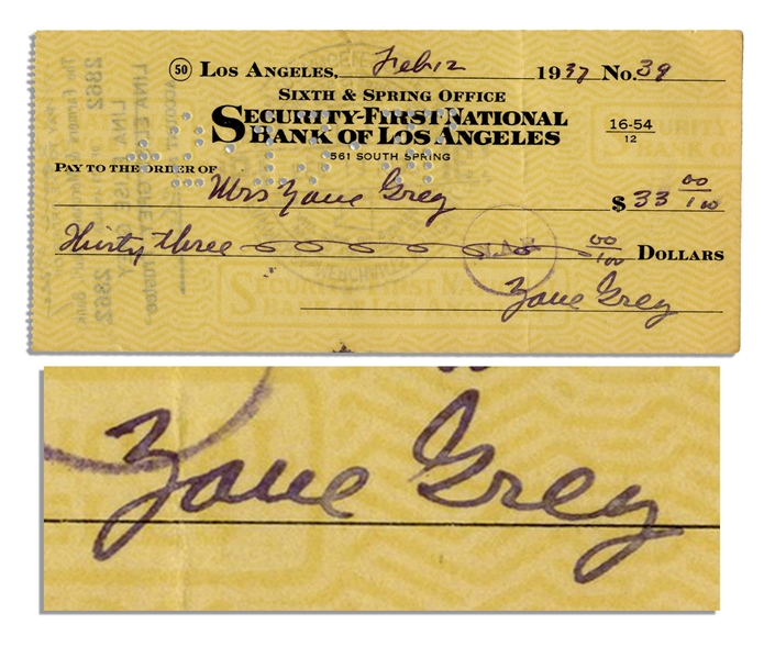 Zane Grey 1937 Holograph Check Signed -- Prolific Author of Popular Western Novels