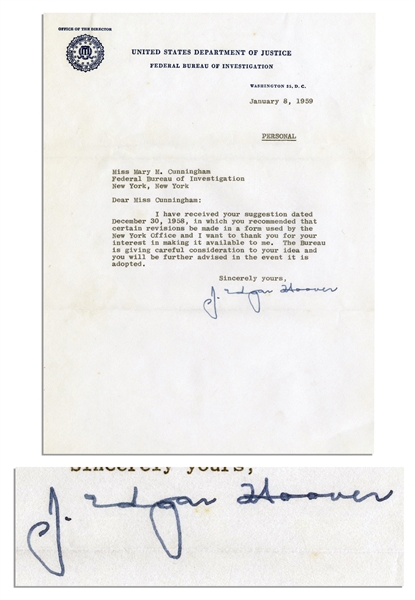 J. Edgar Hoover 1959 Typed Letter Signed -- Marked ''Personal''