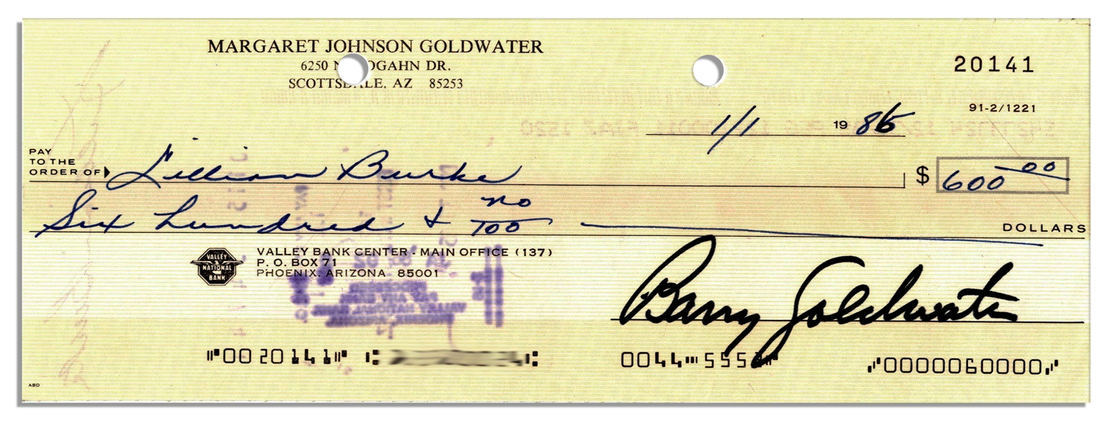 Barry Goldwater Check Signed as Senator From Arizona Dated 1 January 1986 -- Written on the Account of His Wife, Margaret Johnson Goldwater -- Measures 8.25'' x 3'' -- Very Good