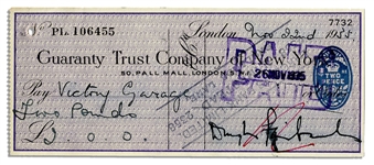 Check Signed by Douglas Fairbanks, Sr. -- 22 November 1935 -- Cancellation Stamps, Smudging and Red Mark to Signature -- Overall Very Good