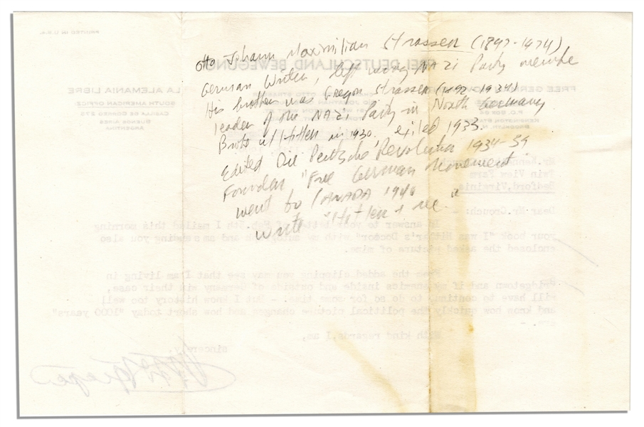 Nazi ''Public Enemy Number One'' Otto Strasser Typed Letter Signed -- ''...I know...how short today '1000 years' are...''
