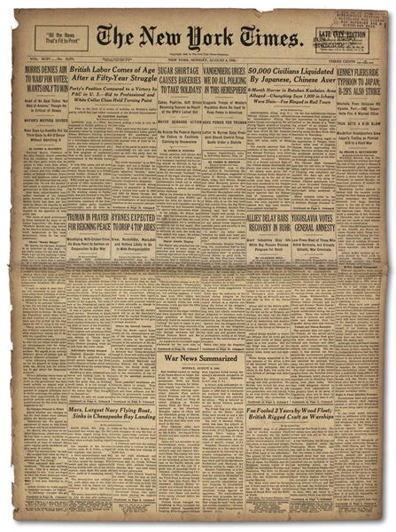 WWII ''New York Times'' Newspaper From 6 August 1945 -- The Day the Atom Bomb Was Dropped on Hiroshima