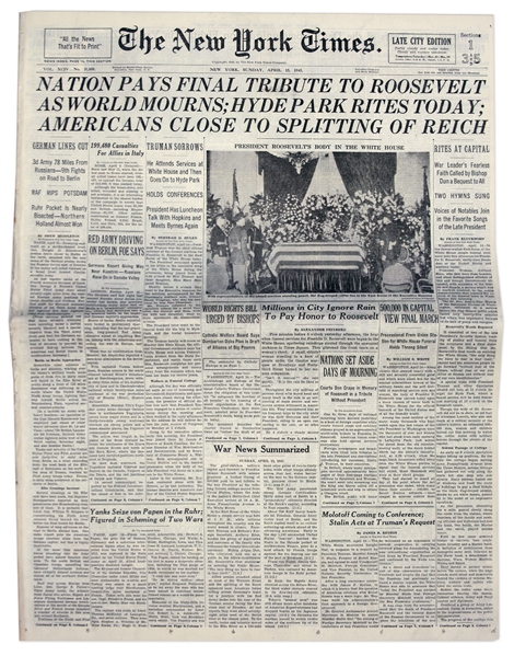 WWII ''New York Times'' Newspaper From the Week of Roosevelt's Death -- 15 April 1945 -- With Special ''New York Times Magazine'' on FDR's Death
