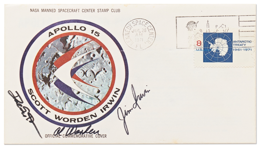 Apollo 15 Crew-Signed NASA Insurance Cover, from Al Worden's Personal Collection -- Also Twice-Signed by Him on Verso and With His Signed COA