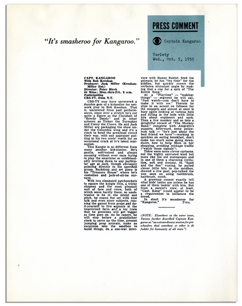 1955 ''Captain Kangaroo'' Marketing Programs Personally Owned by Bob Keeshan -- ''...Captain Kangaroo promises to be the next big force...''