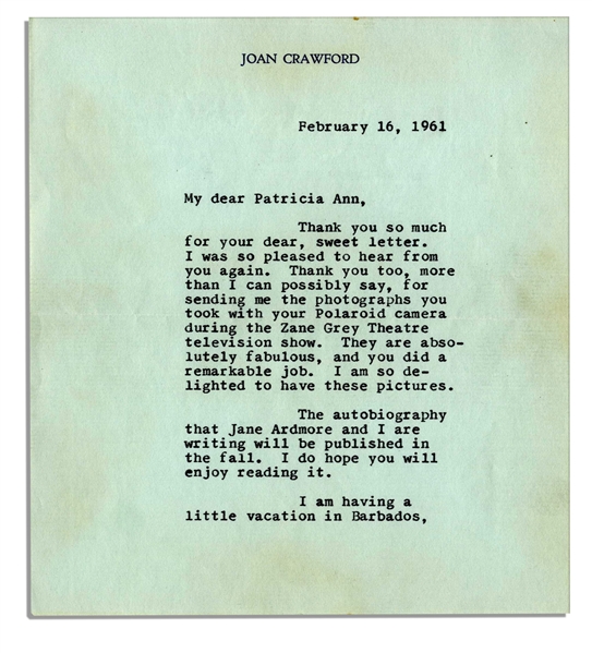 Joan Crawford Typed Letter Signed -- ''...Thank you...for sending me the photographs you took with your Polaroid camera during the Zane Grey Theatre television show...''