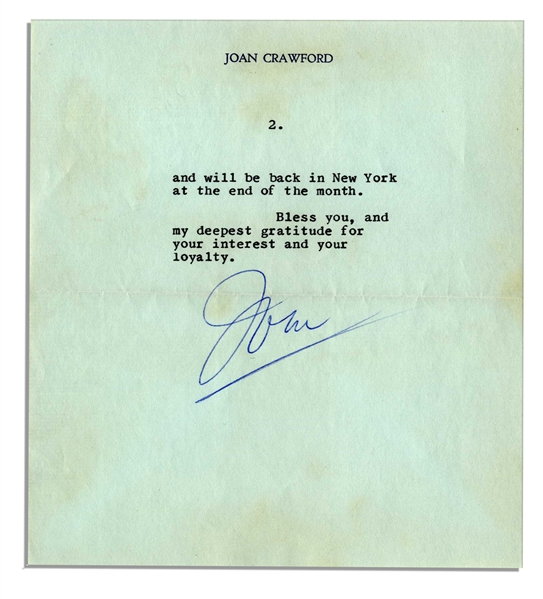Joan Crawford Typed Letter Signed -- ''...Thank you...for sending me the photographs you took with your Polaroid camera during the Zane Grey Theatre television show...''