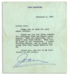 Joan Crawford 1963 Typed Letter Signed -- ...Thank you too for these wonderful clippings from the Muncie newspapers...