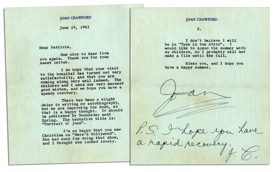 Joan Crawford Letter Signed With Autograph Postscript -- ''...I'm so happy that you saw Christina on 'Here's Hollywood'. She had such fun doing that show, and I thought she looked lovely...''
