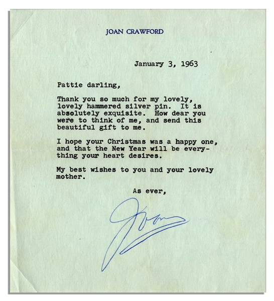 Joan Crawford Letter Signed From 1963 -- ''...Thank you so much for my lovely hammered silver pin. It is absolutely exquisite...''