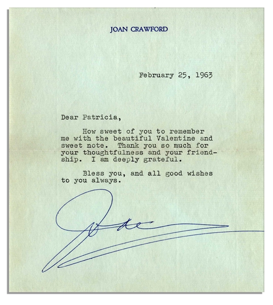 Joan Crawford Typed Letter Signed -- ''...Thank you so much for your thoughtfulness and your friendship. I am deeply grateful. Bless you...''