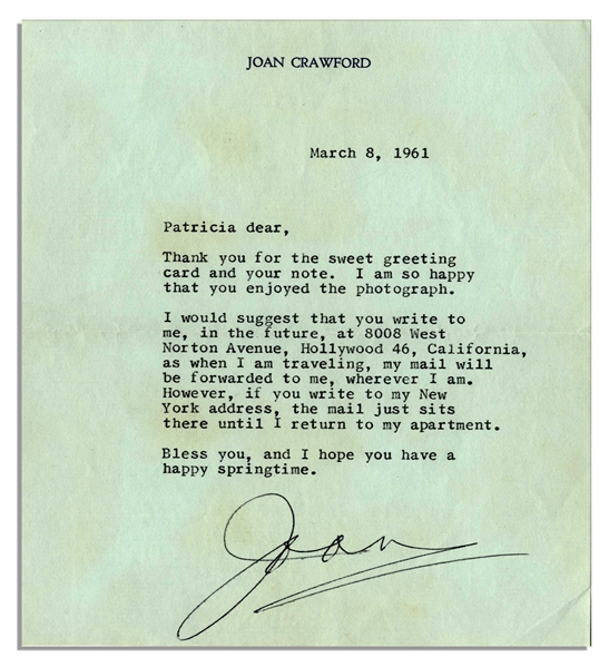 Joan Crawford Typed Letter Signed -- ''...if you write to my New York address, the mail just sits there until I return to my apartment...''