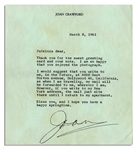 Joan Crawford Typed Letter Signed -- ...if you write to my New York address, the mail just sits there until I return to my apartment...