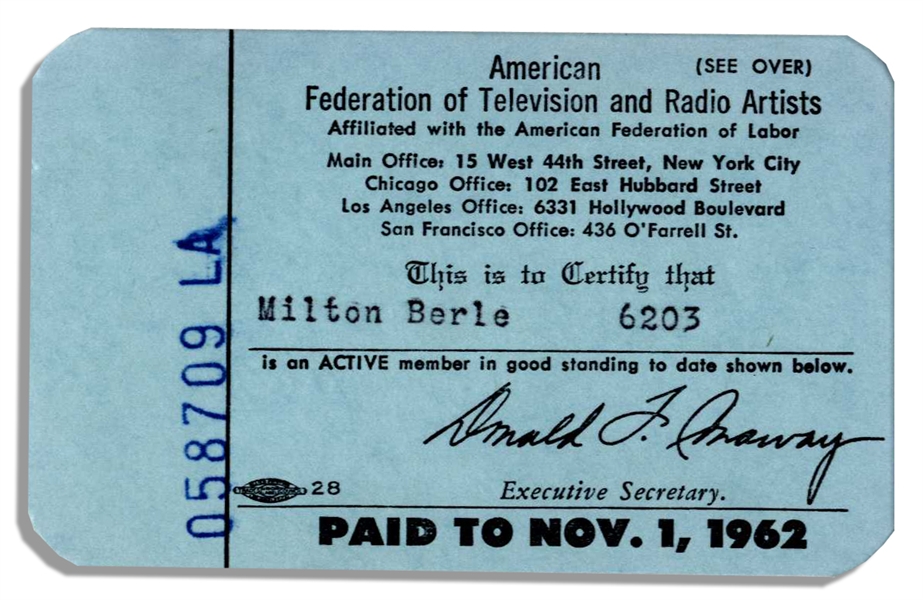 Milton Berle's 1962 Membership Card to AFTRA