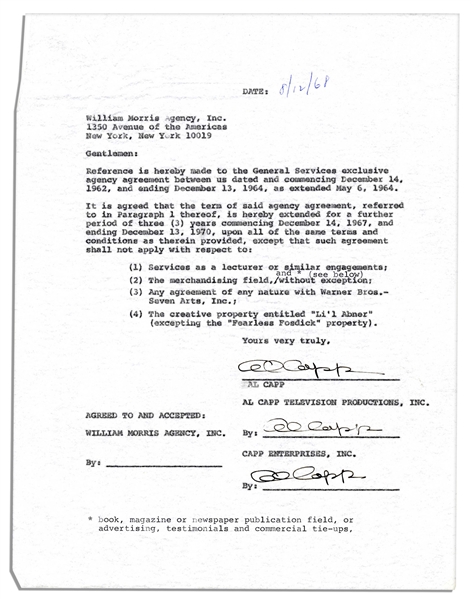 Three William Morris Agency Contracts, Signed by Al Capp Nine Times in Total