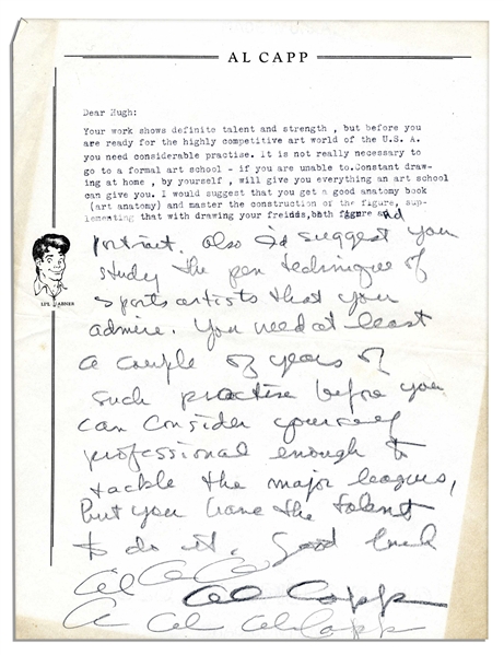 Two Al Capp Letters Signed to an Aspiring Artist Fan -- ''...get a good anatomy book (art anatomy) and master the construction of the figure...''
