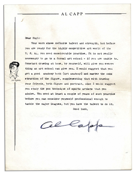 Two Al Capp Letters Signed to an Aspiring Artist Fan -- ''...get a good anatomy book (art anatomy) and master the construction of the figure...''