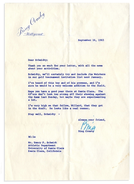 Bing Crosby Typed Letter Signed Regarding a Golfing Partner, ''...I've heard of this boy and his prowess...''