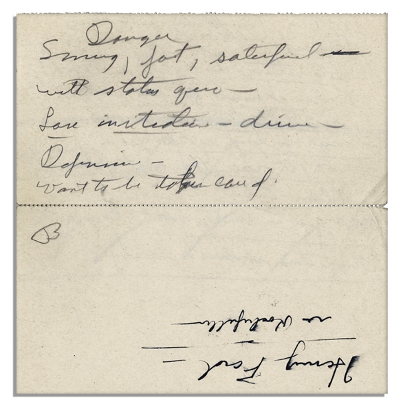Richard Nixon Handwritten Notes -- Written as Source Material for His Biographer Circa 1958 -- ''...Danger, Smug, fat, satisfied with status quo / want to be taken care of...''