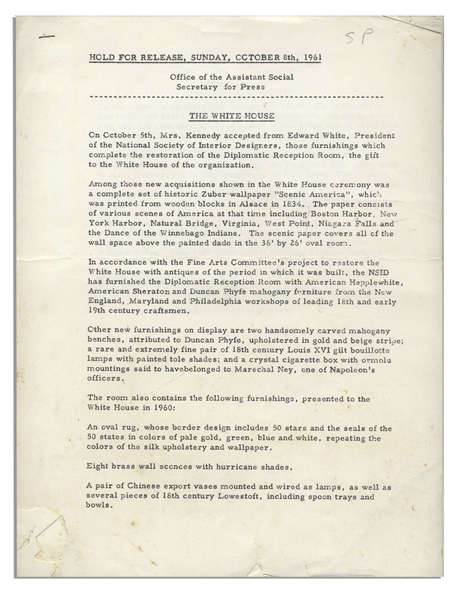 Press Release From 1961 Pertaining to Jackie Kennedy's Famous Renovation of the White House