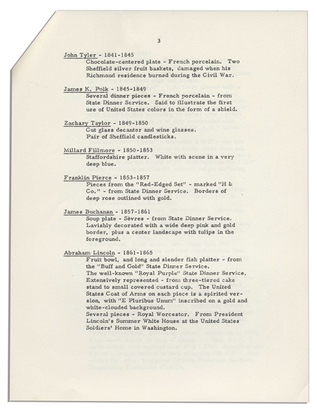 President John F. Kennedy Fact Sheet on the White House China Room -- With Interesting Content Detailing Each President's Addition to the China Collection