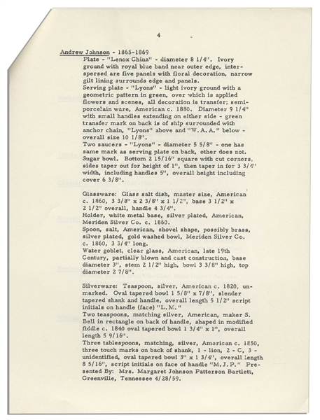 President John F. Kennedy Fact Sheet on the White House China Room -- With Interesting Content Detailing Each President's Addition to the China Collection