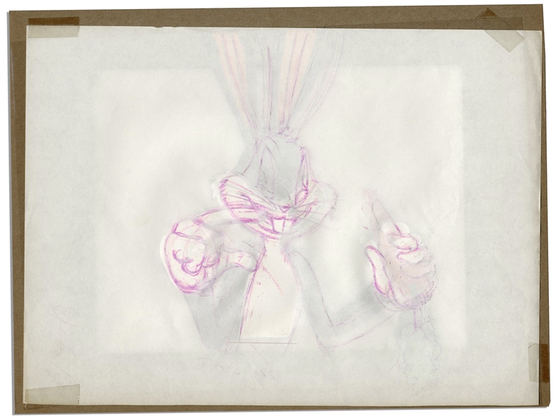 Bugs Bunny Animation Cel -- A Rare Work in Progress, With Pencil Sketch of Bugs Underneath the Cel -- Owned by Ray Bradbury