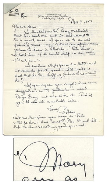 Mary Astor 1965 Autograph Letter Signed -- To Her Agent, Regarding Her Upcoming Novel, ''A Place Called Saturday''