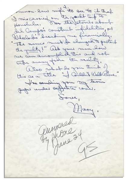 Mary Astor Autograph Letter Signed to Her Agent Regarding Her Autobiography