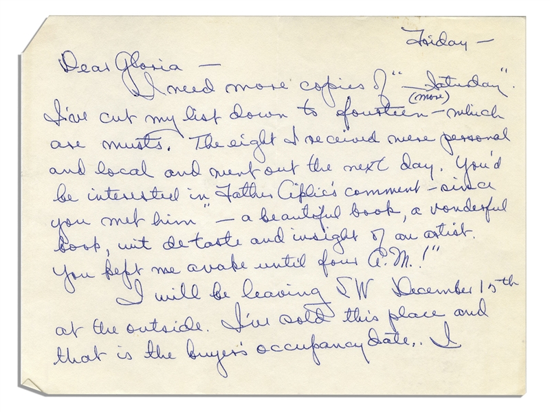 Mary Astor Autograph Letter Signed to Her Agent Regarding Her Novel ''A Place Called Saturday''