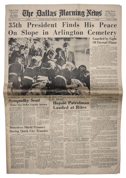 ''The Dallas Morning News'' Newspaper From 26 November 1963 Reporting on John F. Kennedy's Burial