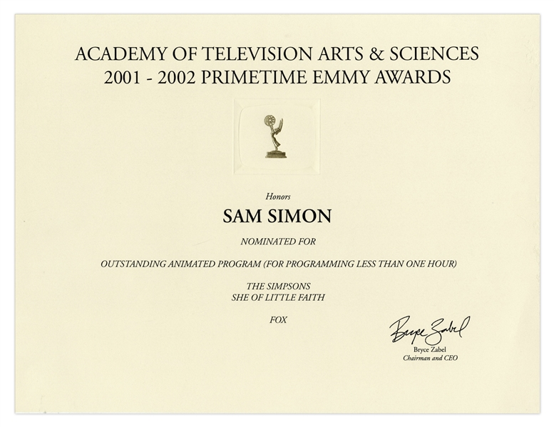 Emmy Nomination for ''The Simpsons'' Given to Sam Simon in 2002 for Episode ''She of Little Faith'' -- From the Sam Simon Estate