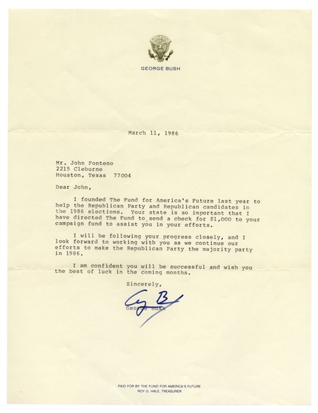 George H.W. Bush Letter Signed as Vice President -- ''I founded the Fund for America's Future last year to help the Republican Party''
