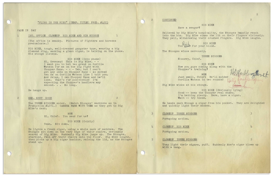Moe Howard's Personally Owned Columbia Pictures Script for The Three Stooges 1955 Film, ''Fling in the Ring'' -- With Hand Edits by Moe