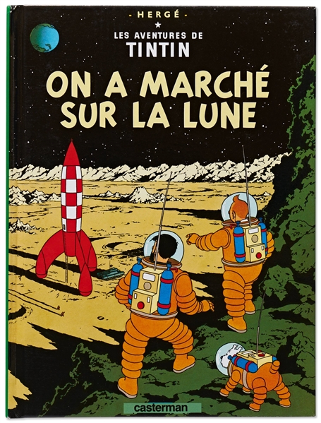 Tintin Book About the Moon Landing Signed by Five Apollo Astronauts: James McDivitt, Frank Borman, Walt Cunningham, Charlie Duke & Fred Haise