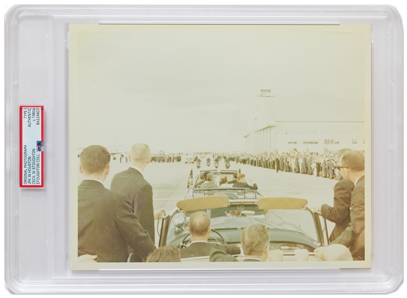 Original 10'' x 8'' Photo of John F. Kennedy Riding in a Motorcade, Taken by Cecil W. Stoughton in Houston the Day Before the Assassination -- Encapsulated & Authenticated by PSA as Type I Photograph