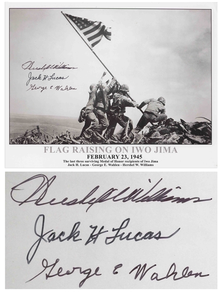 Iwo Jima Photo Signed by Three Medal of Honor Recipients of the Battle -- Large Photo Measures 12.75'' x 10''