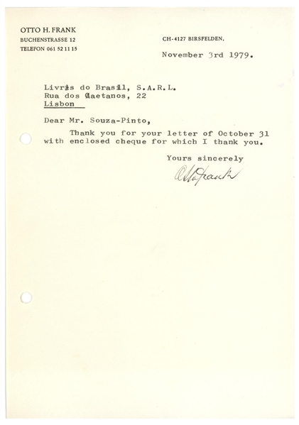 Otto Frank Letter Signed Regarding Publication of His Daughter Anne Frank's Diary -- With PSA/DNA and Beckett COA