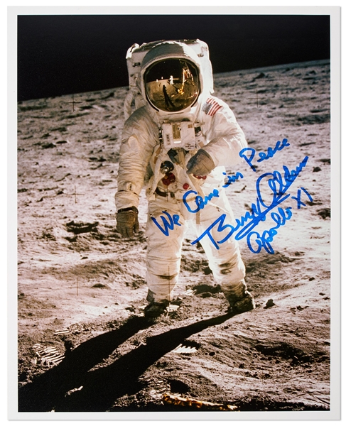 Buzz Aldrin Signed 8'' x 10'' Lunar Photo -- ''We Come in Peace''