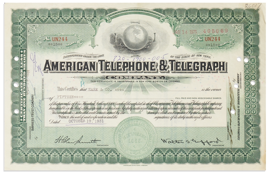 1931 Stock Certificate for ''Ma Bell'', the American Telephone & Telegraph Company